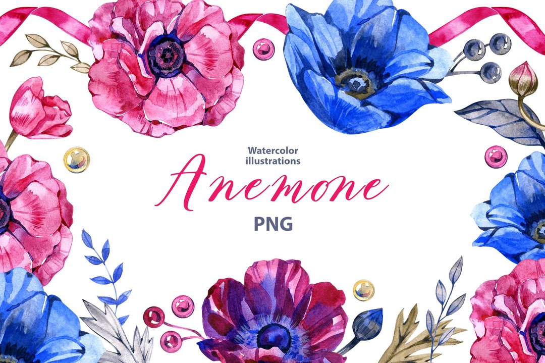 Watercolor Anemone clipart set, 21 Png, floral Clipart, spring clipart - Logo 设计/图案设计 - 其他材质 