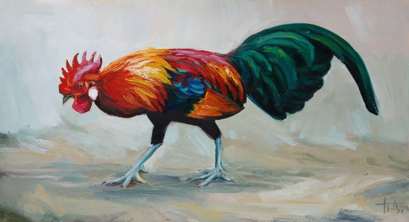 原画大公鸡家禽 8x15 英寸艺术家签名生动绘画 - 墙贴/壁贴 - 纸 多色
