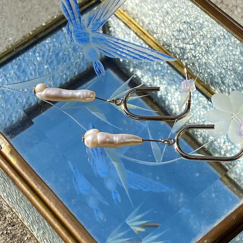 【Lost and find】天然石 异形 长 珍珠 耳环 - 耳环/耳夹 - 宝石 白色