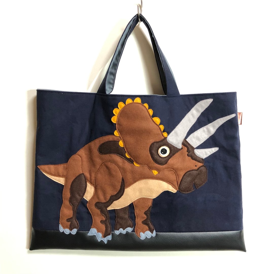 Triceratops Dinosaur Applique  book Bag - Navy Blue with Faux Leather - 其他 - 棉 黑色