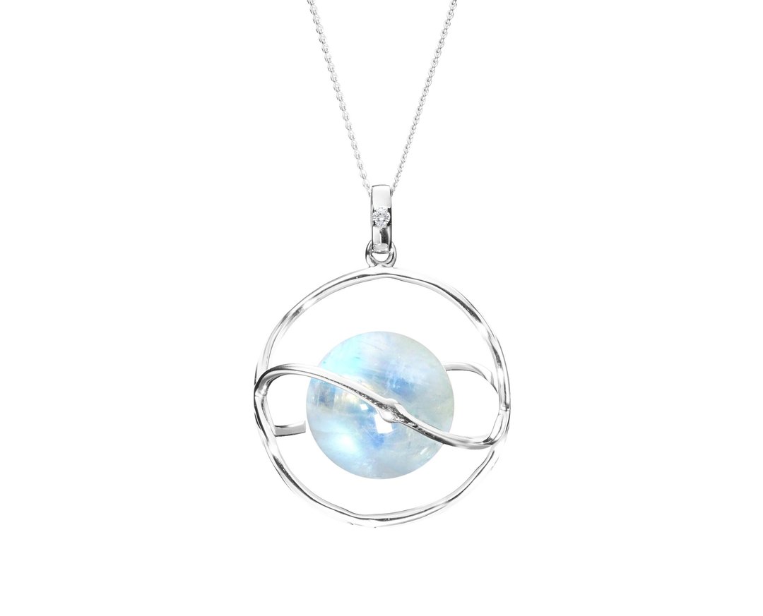 彩虹白金月光石锁骨链 蓝光土星项链 简约轻珠宝 钻石星球光环 - 锁骨链 - 贵金属 蓝色