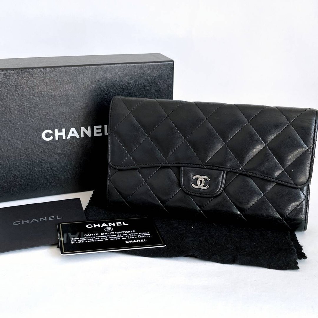 【LA LUNE】中古二手Chanel黑色羊皮长银钱包侧斜背孭长夹手袋WOC - 侧背包/斜挎包 - 真皮 黑色