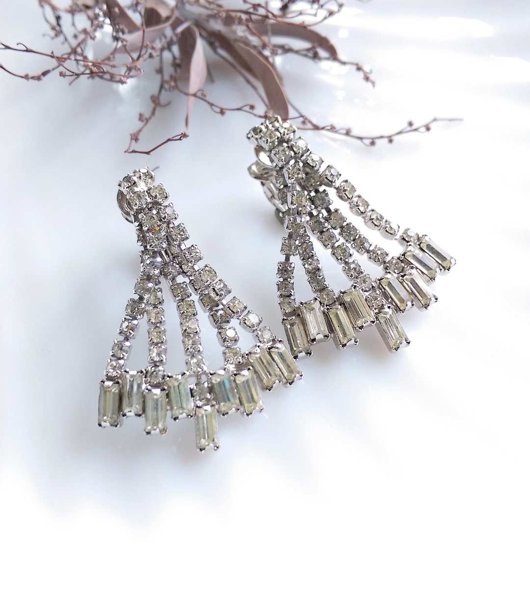 Vintage Jewelry  KRAMER 优雅 摇曳 白莱茵 夹式耳环 - 耳环/耳夹 - 其他材质 金色