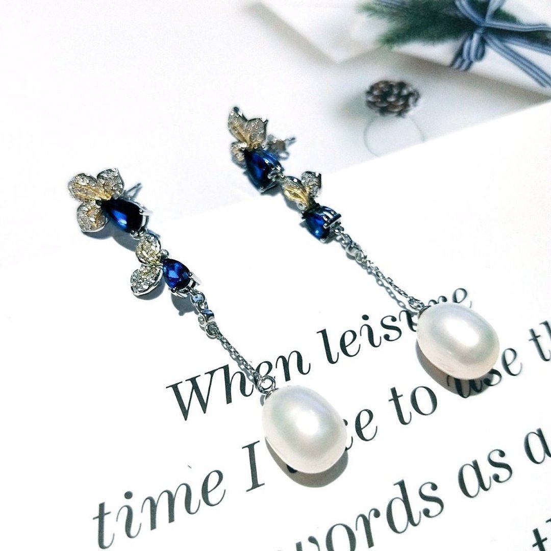I JEWELRY 中国风小花朵顶级锆石仿蓝宝珍珠纯银耳环 纯银保证卡 - 耳环/耳夹 - 纯银 银色