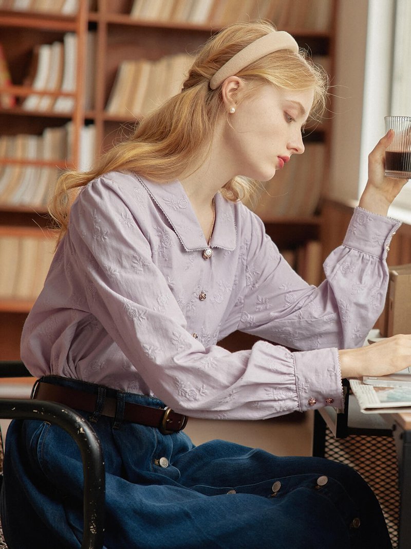 【SR全館一件包郵】Monica 白色玫瑰刺绣衬衫|秋款 - 女装衬衫 - 棉．麻 白色