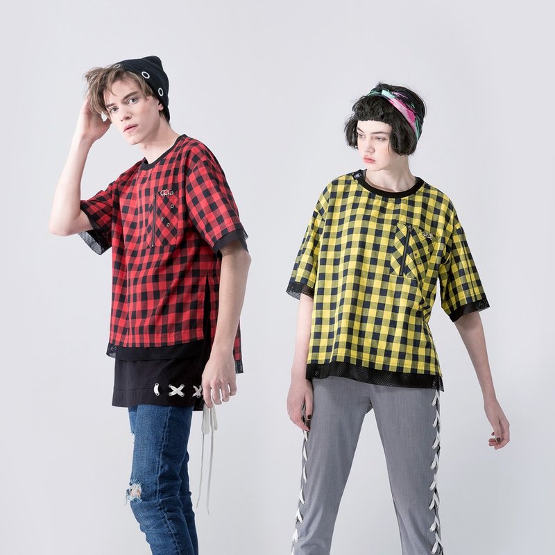 Goody Bag - 假两件 铆钉套头短袖衬衫 / 黄黑格+红黑格 - 男装衬衫 - 棉．麻 红色