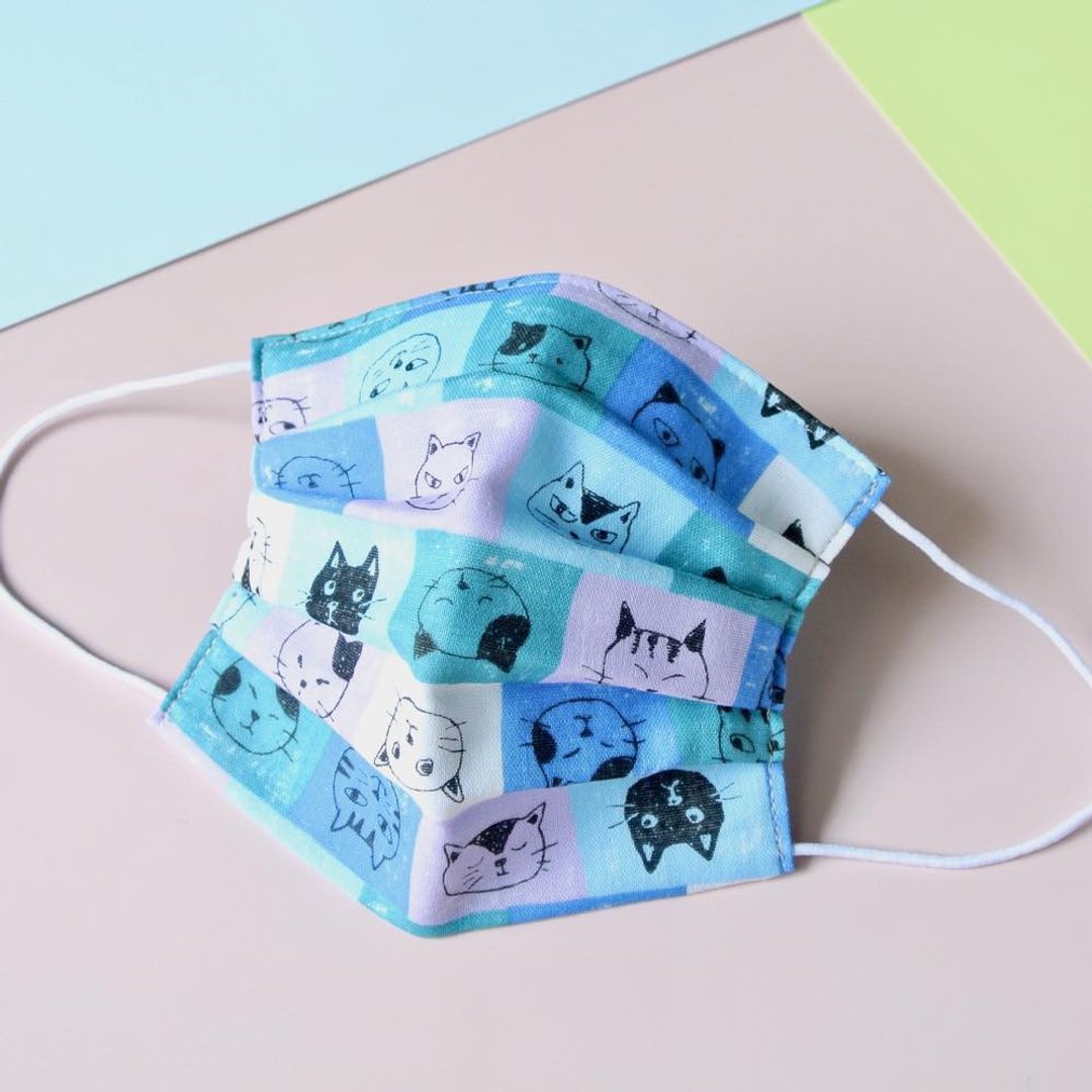 猫柄 蓝色 手工立体口罩 可洗涤 日本制纯棉二重纱布 成人 - 口罩 - 棉 蓝色
