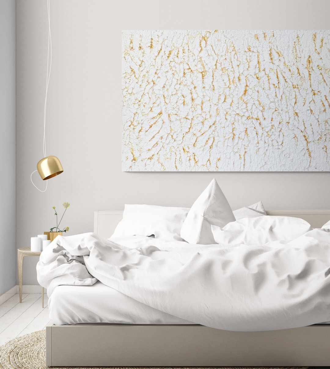 Textured white golden painting Abstract montain landscape 3D modern wall decor - 墙贴/壁贴 - 水泥 白色