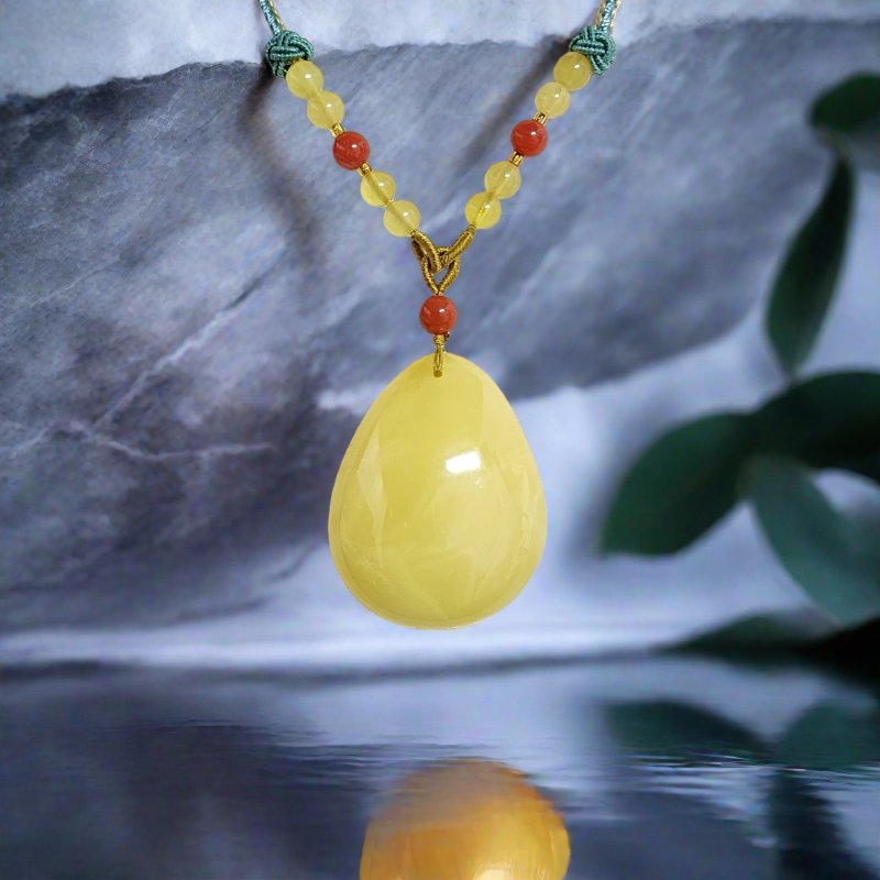 天然柠檬黄蜜蜡水滴吊坠 玛瑙点缀绳链 附保卡 精品级 琥珀项链 - 项链 - 半宝石 