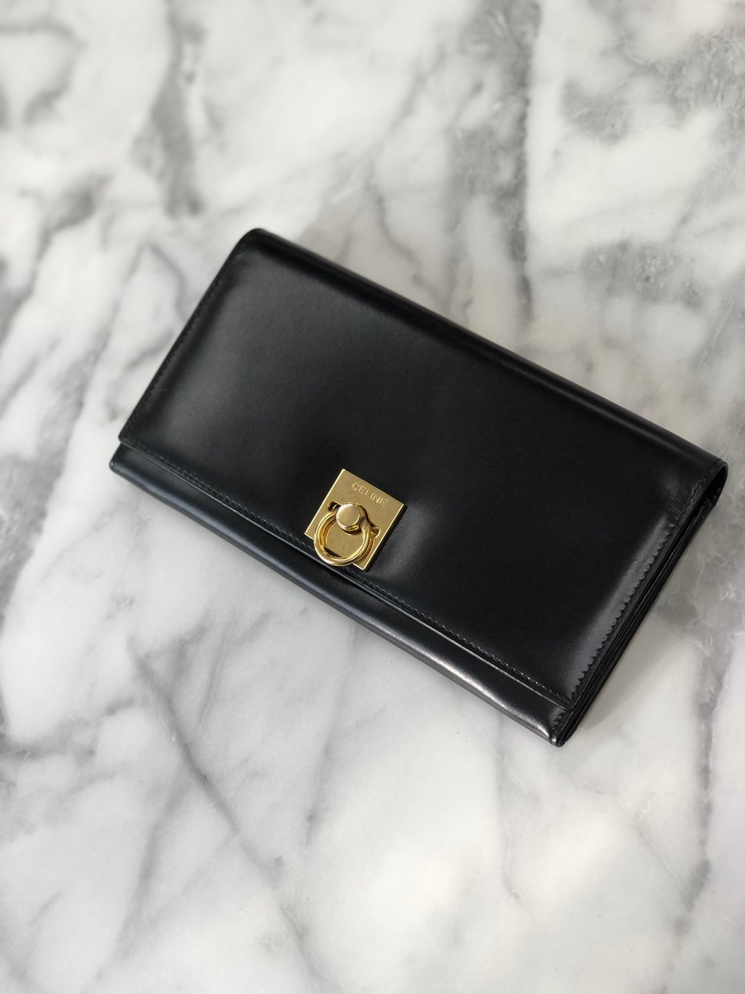 【日本直送名牌二手包】CELINE赛琳Gancini真皮口金包长钱包黑vintage复古老款Celine pis8u7 - 皮夹/钱包 - 真皮 黑色