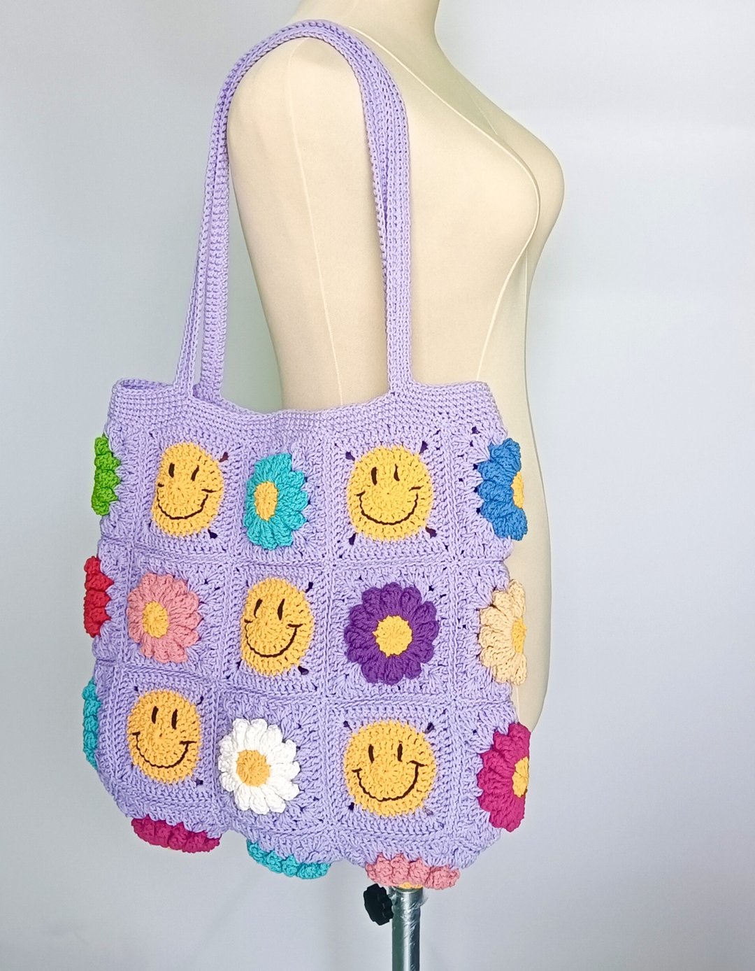 水洗棉绳编织包 Granny Square 花朵造型 - 手提包/手提袋 - 棉 