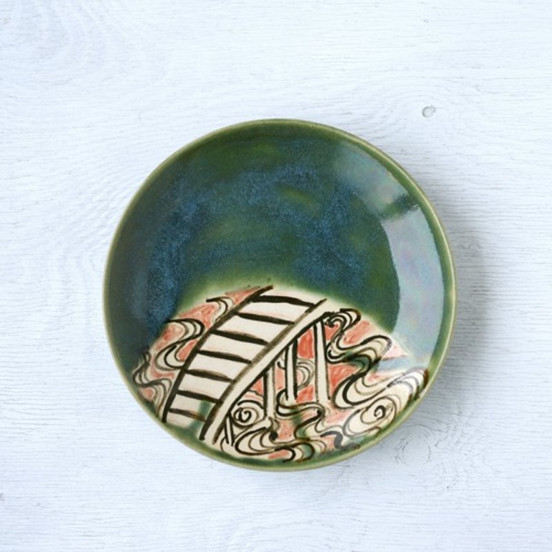 Oribe flat plate (bridge and wave pattern) - 浅碟/小碟子 - 陶 