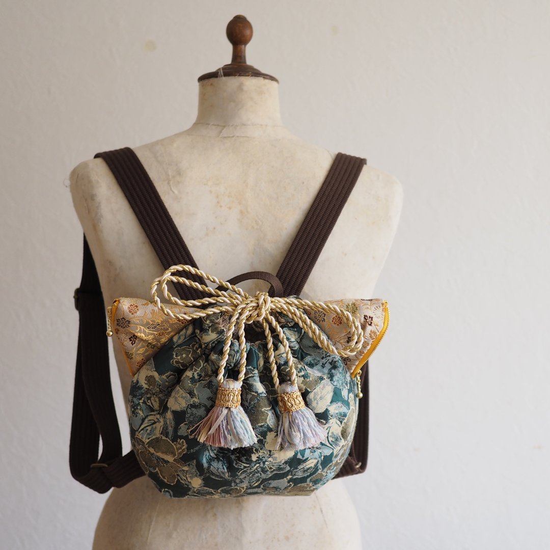 Jaguar woven cat type drawstring backpack bag (one piece work / free shipping) - 后背包/双肩包 - 棉 绿色