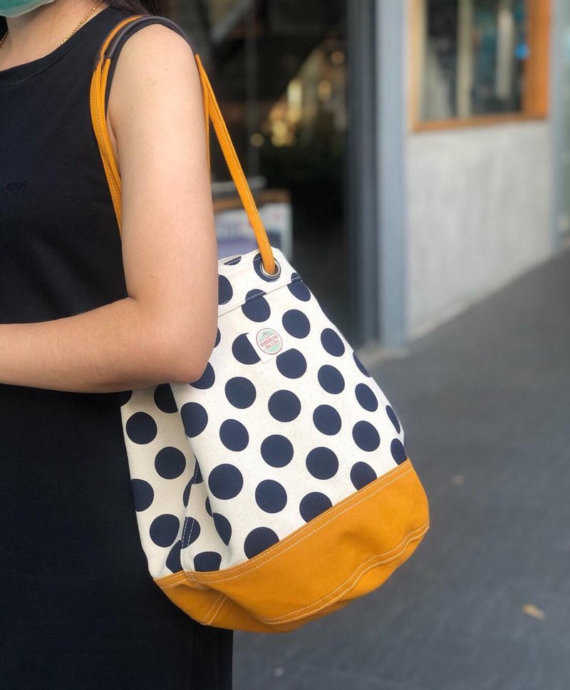Mustard Polka Dot Canvas Bucket Bag w/ Strap Leather Handles - 手提包/手提袋 - 棉 黄色