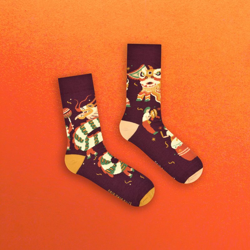 龙狮舞动 - 不对称袜子 鸳鸯袜 - 袜子 - 棉．麻 红色