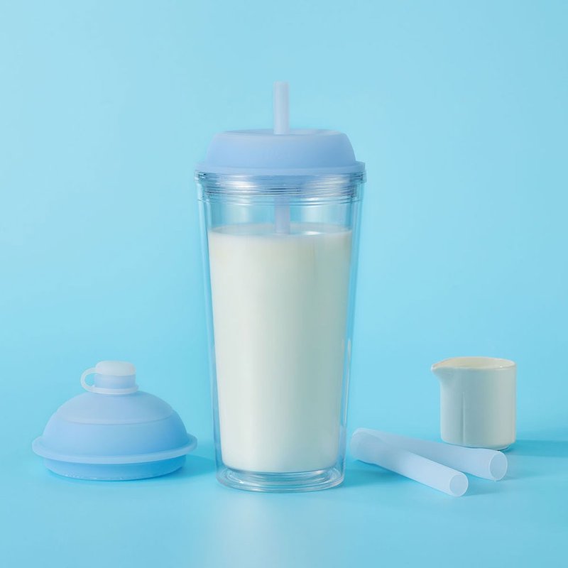 YCCT啵啵杯710ml- 气泡蓝 -可收纳吸管的双层吸管杯 台湾设计制造 - 水瓶/水壶 - 塑料 蓝色