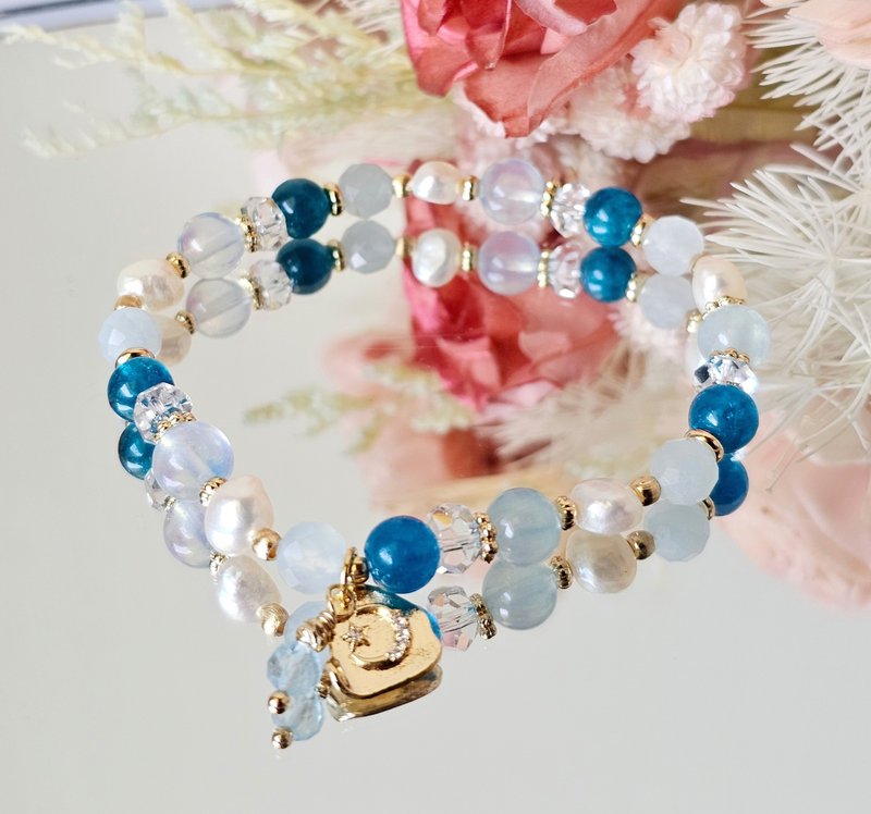 水色-海蓝宝/白水晶/天然淡水珍珠/蓝磷灰石/平稳心情/疗愈 - 手链/手环 - 水晶 蓝色