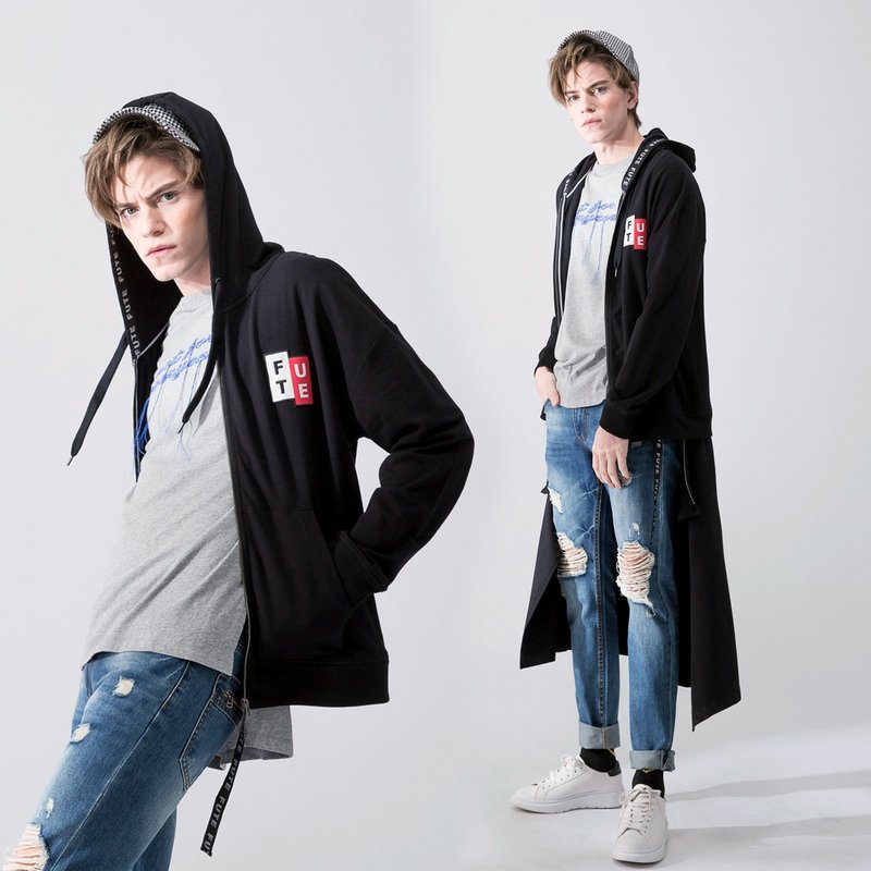 【中性款】 多变穿法长版连帽外套/ 黑色 - 男装外套 - 棉．麻 黑色