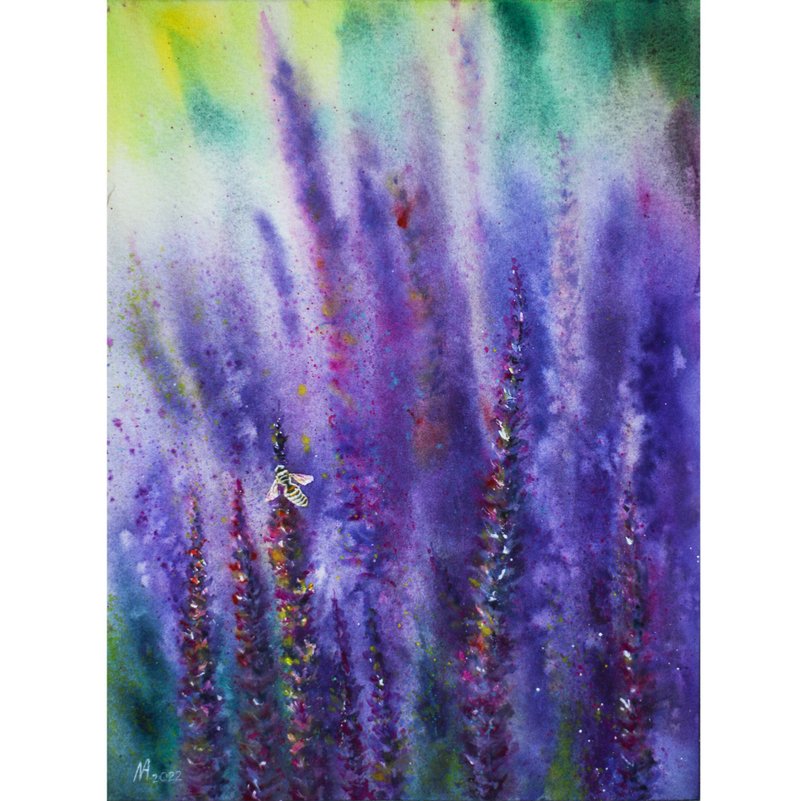Purple watercolor flowers painting Violet meadow wildflowers original wall art - 海报/装饰画/版画 - 纸 多色