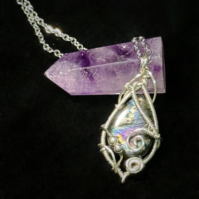 【极光】金属编织 拉长石项链坠 - 项链 - 水晶 灰色