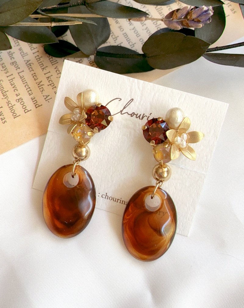 红陶色宝石与玳瑁耳环、耳针 - 耳环/耳夹 - 其他金属 咖啡色