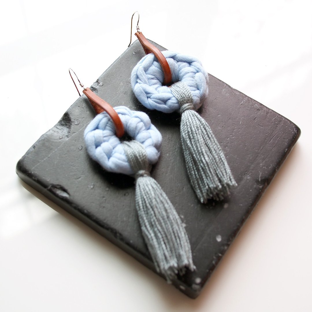 Handmade earring crochet circle shape light blue and tassel - 耳环/耳夹 - 其他材质 蓝色