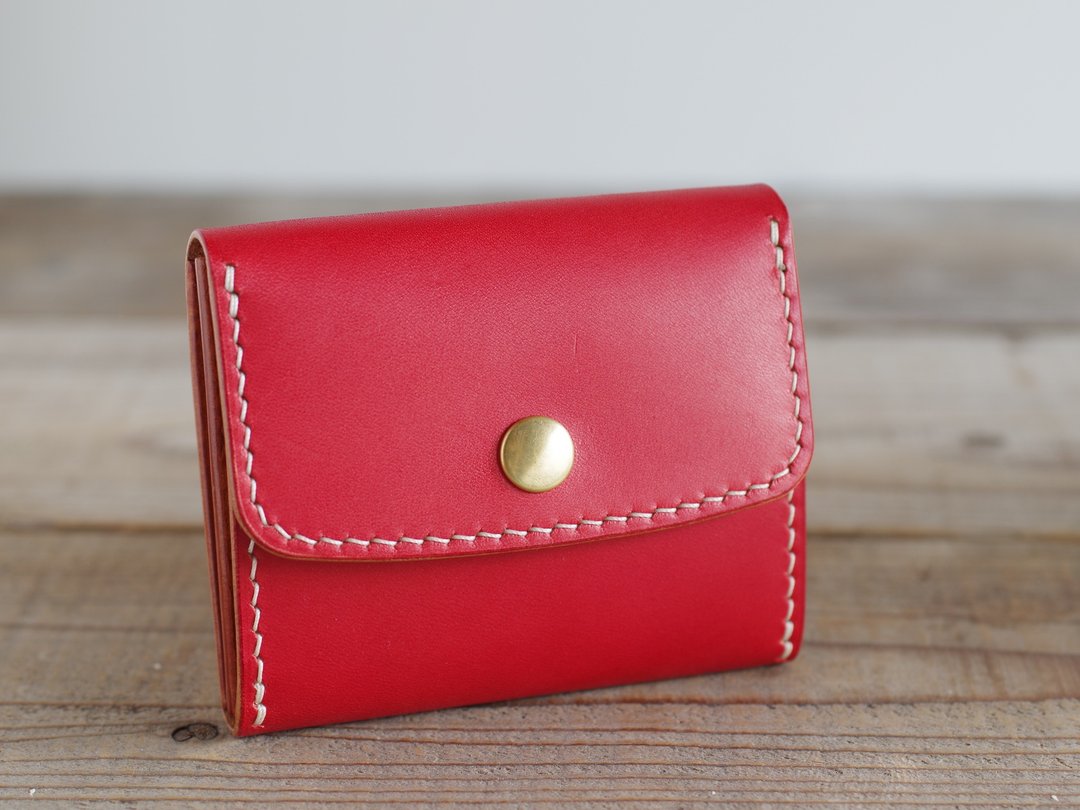 SALE Nume Leather Hand-stitched Compact Wallet Red - 皮夹/钱包 - 真皮 红色