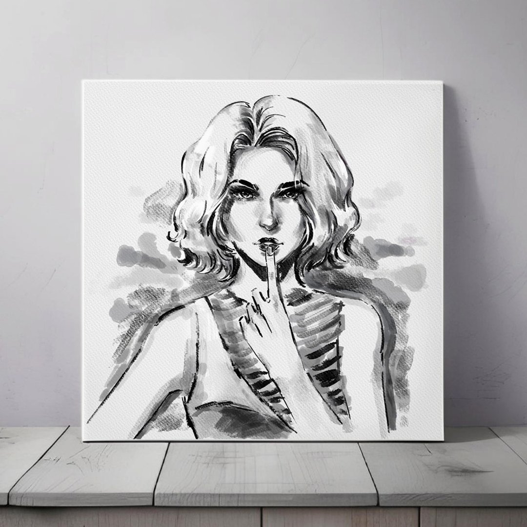 水墨风格灰度时尚插画现代艺术女性卧室客厅装饰画静谧氛围 唯美 - 墙贴/壁贴 - 纸 灰色