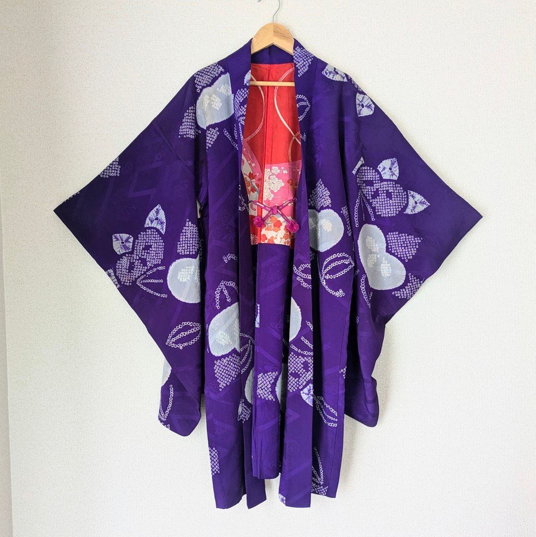 日本古董羽织 (Haori) 正绢 绞染 紫色 橘子图案 内衬可爱 古布 民艺 时代布 独一无二 大正浪漫 和洋混搭 - 女装休闲/机能外套 - 丝．绢 紫色