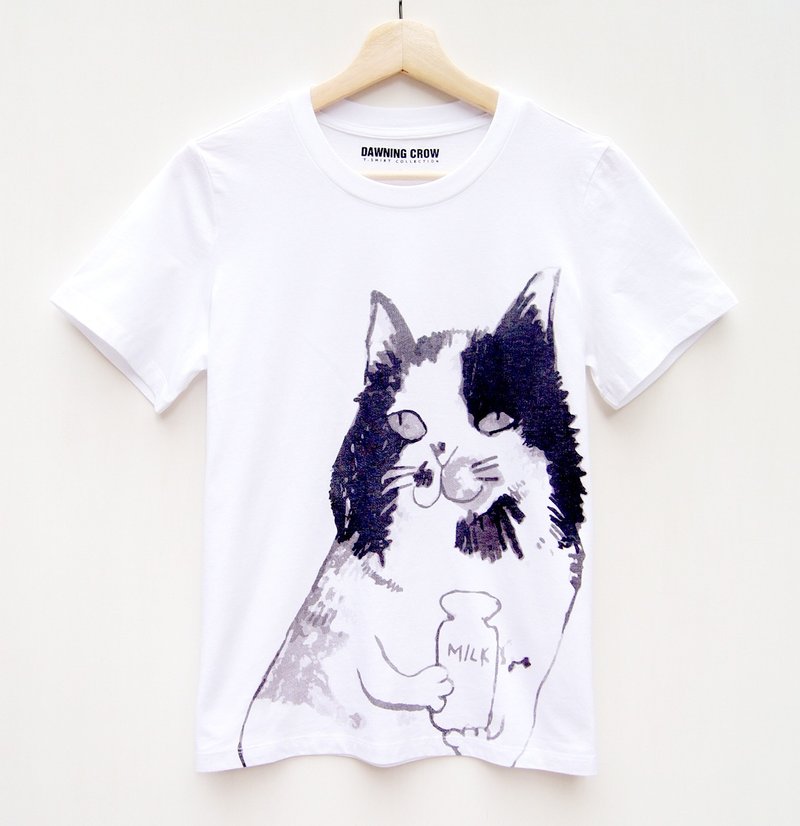动物图案T恤  牛奶猫咪 - 中性连帽卫衣/T 恤 - 棉．麻 白色