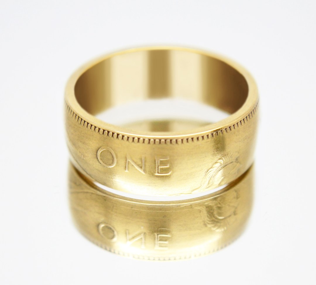 Gold Coin Ring Great Britain 1 penny 1967 18k gold plated ring thistle ring - 戒指 - 其他金属 