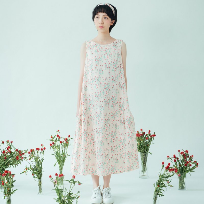 A字连身长洋装-柔棉款/花草台湾味/圆仔花粉红 - 洋装/连衣裙 - 棉．麻 粉红色