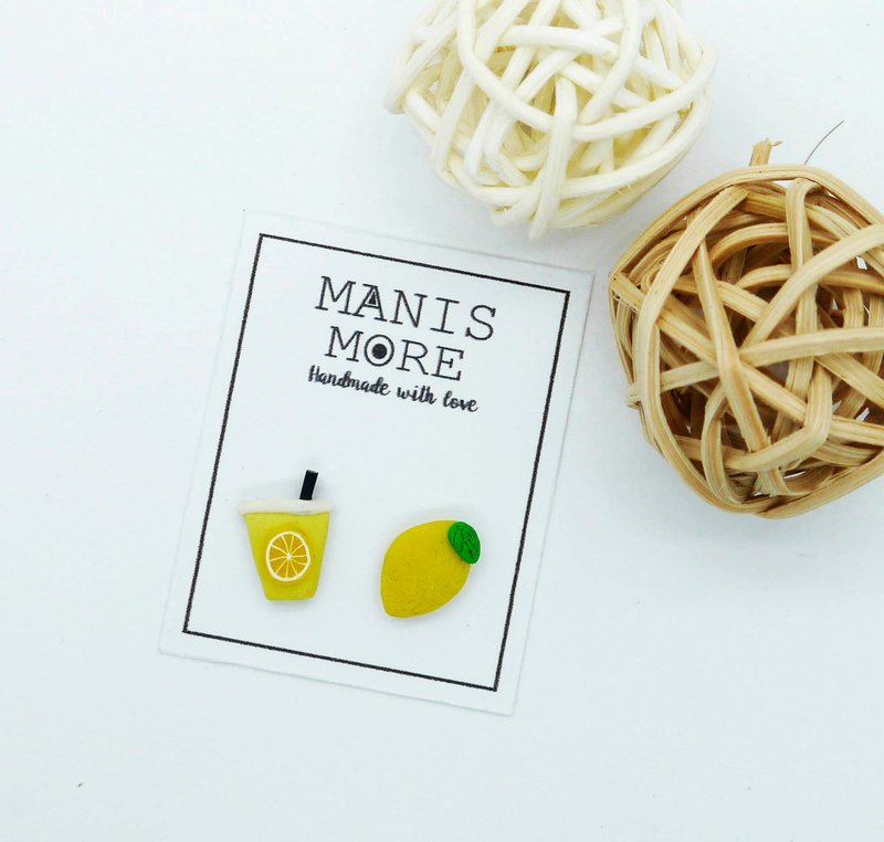 夏日柠檬汽水耳环 可改夹式耳环 - 耳环/耳夹 - 粘土 
