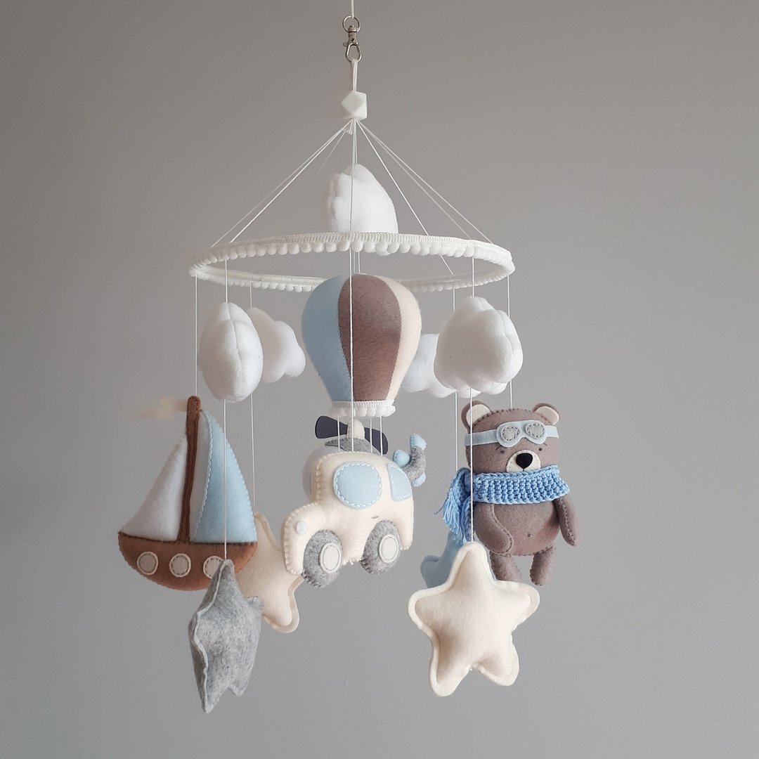 Baby boy mobile, Helicopter felt mobile, Crib hanging toy, Blue nursery decor - 玩具/玩偶 - 其他材质 蓝色