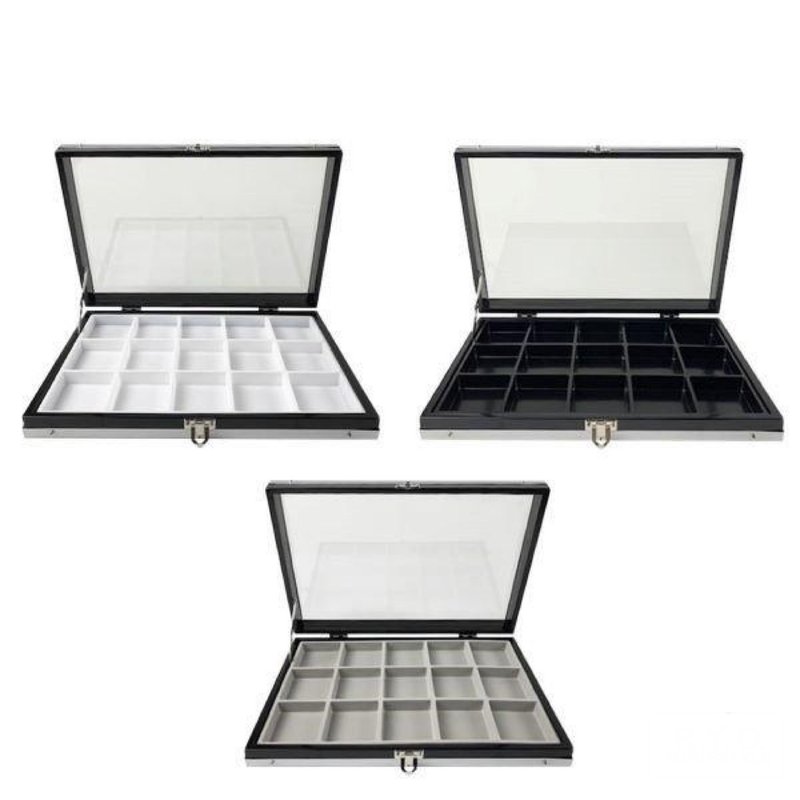 Glass case aluminum M 40mm square 24 cells jewelry - 收纳用品 - 玻璃 黑色