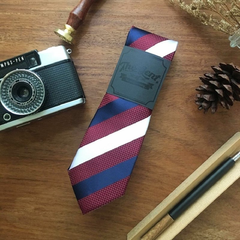 (THE GENT) Red Blue White Stripe Necktie - 领带/领带夹 - 棉 红色