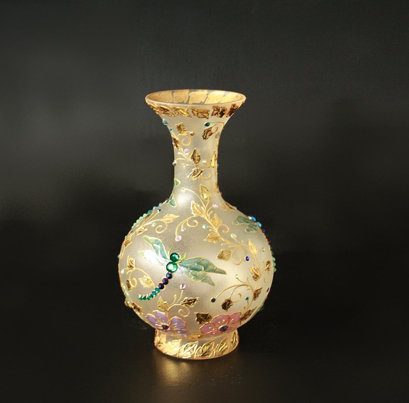 Dragonfly Wildflowers Hand-painted Glass Vase Swarovski Crystals - 摆饰 - 玻璃 多色