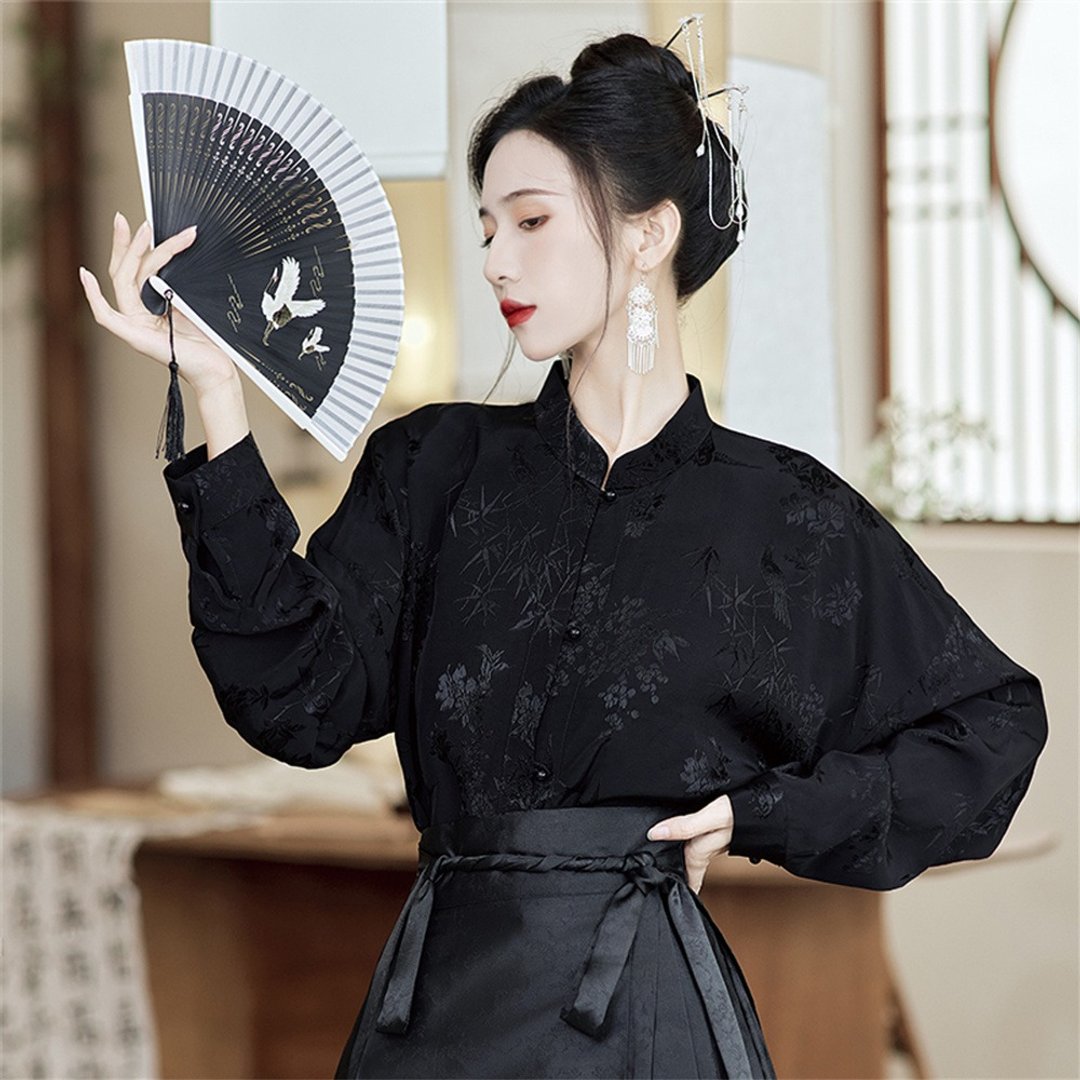 墨黑色 長袖襯衫 新中式黑色飛機袖提花設計感漢服襯衣 - 女装衬衫 - 聚酯纤维 黑色