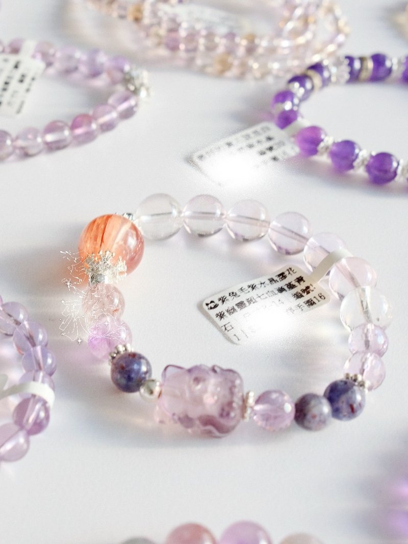 紫兔毛胶花紫幽灵超七血滴堇青石卡崔娜星芒紫水晶手串 - 手链/手环 - 水晶 紫色