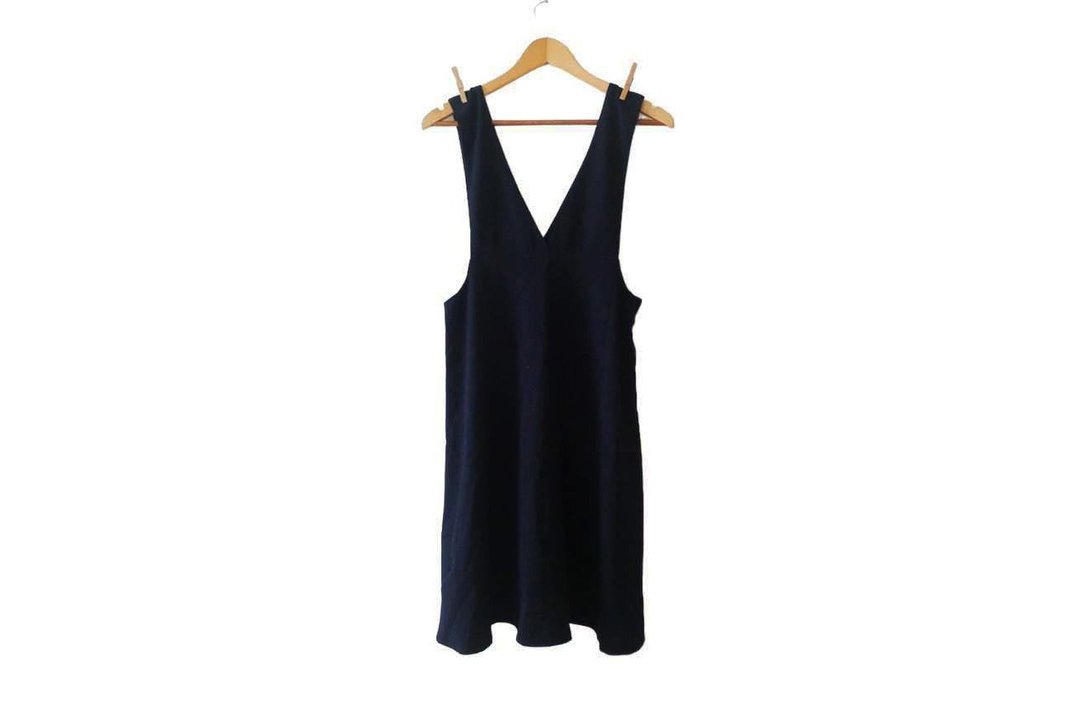 90s V- Neck dark navy overall dress,midi pinafore dress, midi pinafore dress - 洋装/连衣裙 - 聚酯纤维 蓝色