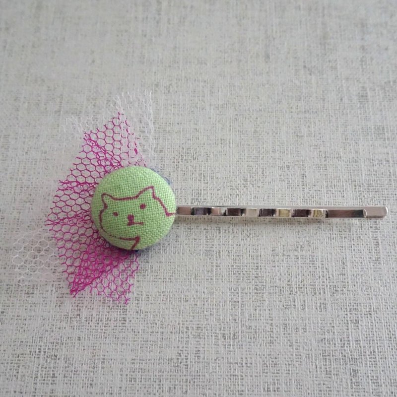 Hand-printed original walnut button hairpin "Cat 1" - 发饰 - 棉 绿色