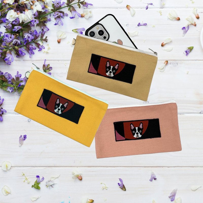 法斗刺绣收纳袋 - 化妆包/杂物包 - 棉．麻 