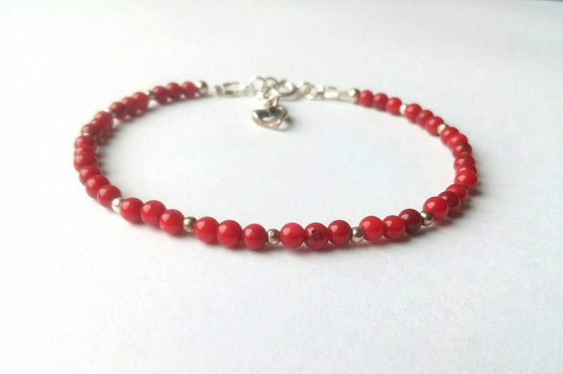 红珊瑚手链，爱心坠饰，925纯银，双鱼座石，爱情宝石 - 项链 - 水晶 红色