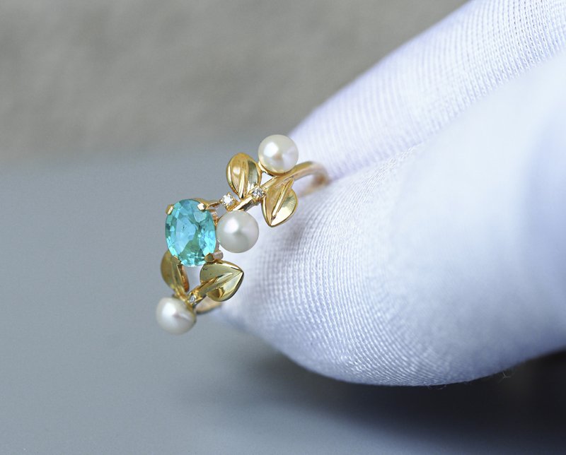 Natural floral ring with oval apatite, diamonds and pearls - 戒指 - 贵金属 金色