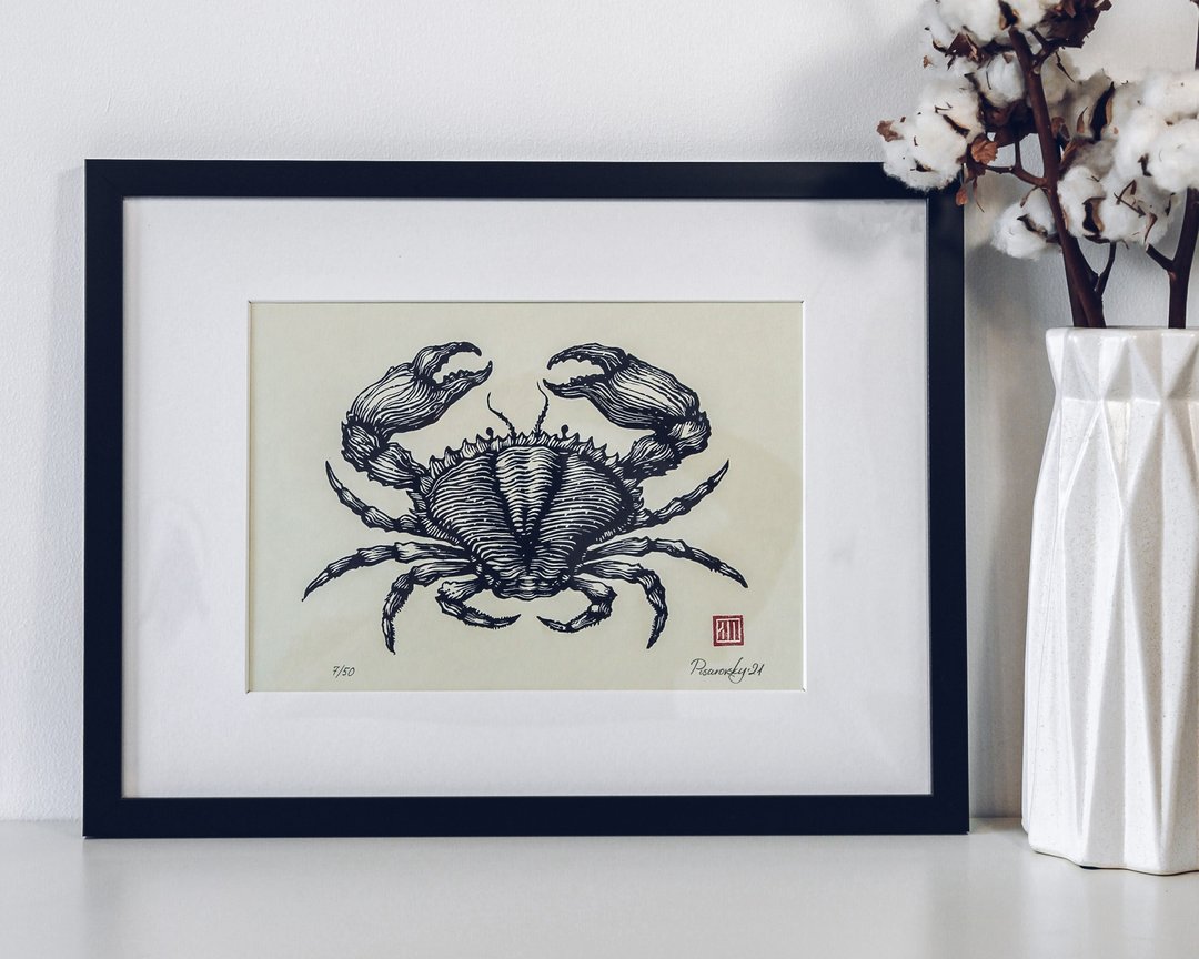 原始绘图海蟹油毡版画手工航海墙壁装饰动物 - 墙贴/壁贴 - 纸 黑色