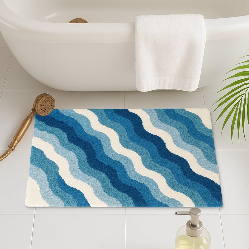 日式藍色海浪簇绒浴室地垫可爱脚垫吸水防滑浴垫居家装饰 - 地垫/地毯 - 聚酯纤维 多色