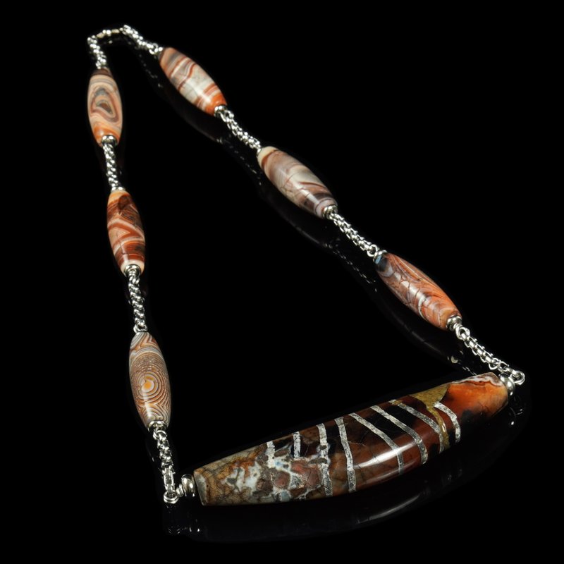 缅甸8线玛瑙弯角珠.缠丝玛瑙颈链(长63厘米) - 长链 - 其他材质 