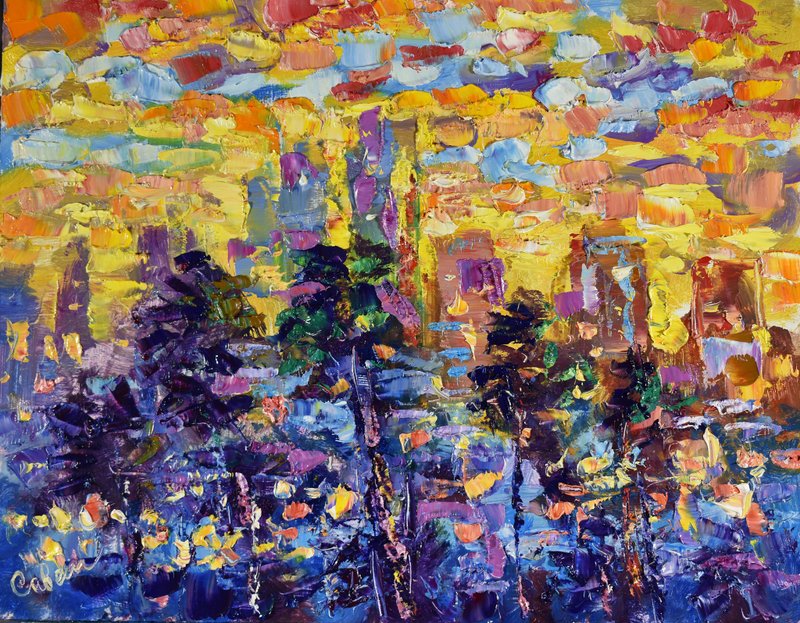 Cityscape Painting California Original Art Los Angeles Sunset  Skyline 油畫原作 - 海报/装饰画/版画 - 木头 多色