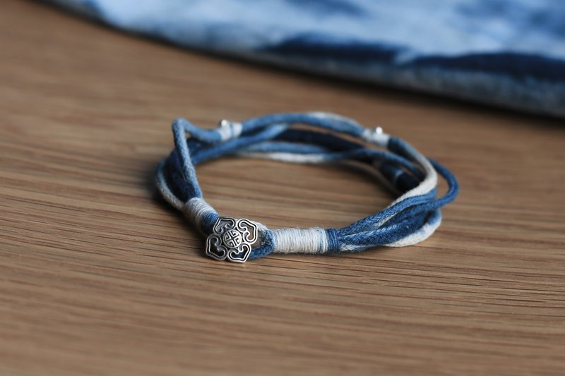春秋手作 | 植物染 扎染 蓝染 | 如意扣 男 女 情侣手绳 s925银 - 手链/手环 - 棉．麻 蓝色