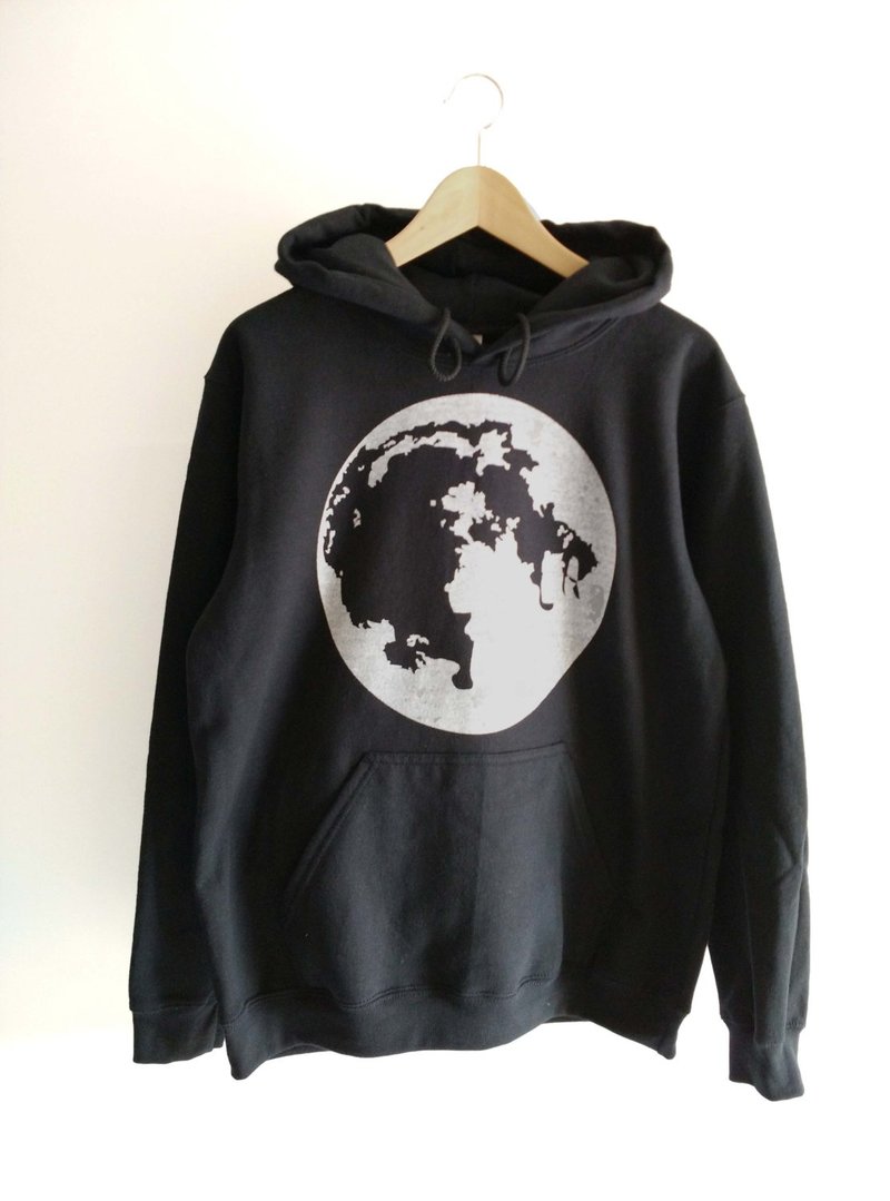 超级月亮图案炭色连帽外套 月球插图原创手工印潮流 男女装绒衫衣 - 中性连帽卫衣/T 恤 - 棉．麻 黑色